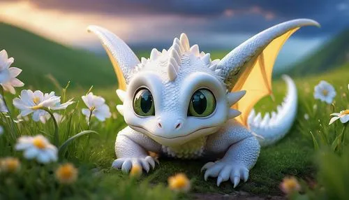 cute white dragon, young, baby-like, big round eyes, fluffy snow-white scales, tiny wings, playful pose, lying down, front legs bent, soft focus, warm lighting, fantasy world, cloudy sky, rolling hill