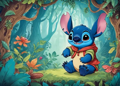 Design an adorable illustration of Stitch playing hide-and-seek with forest creatures.,stitch,children's background,lilo,cartoon forest,peter rabbit,cute cartoon character,game illustration,disney cha