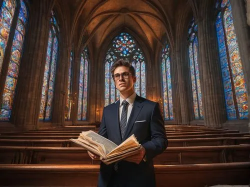 Middle-aged, male, bespectacled, short brown hair, suit, tie, holding blueprints, standing, inside, grand cathedral, stained glass windows, intricate stone carvings, Gothic arches, ornate pews, soft w