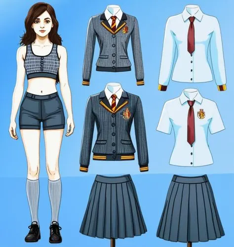 Paper doll 2d cartoon Hogwarts 16 year old schoolgirl in black sleeveless shirt ,black extra slim tight fit spandex short shorts with black long sock and black shoe standing surrounded by with a set o