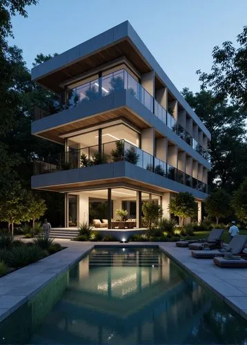 Modern Villa, Fujifilm GFX 100S, capturing every detail and achieving unparalleled image clarity, full body shot, paranormal,a house on the side of a large pool,modern house,3d rendering,modern archit