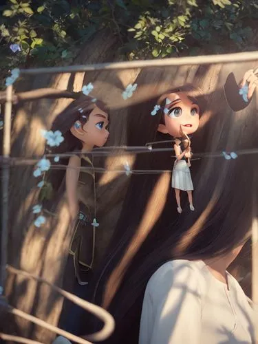 tangled,stick children,hiyayakko,euphonium,lilo,double exposure,examining,hammocks,scouts,girl and boy outdoor,binoculars,finding,fences,fairies aloft,hammock,hanging elves,beautiful frame,star jasmine,fairies,kawaii children,Game&Anime,Pixar 3D,Pixar 3D