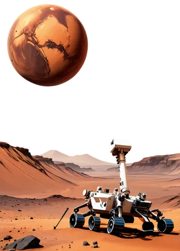 Mars planet, barren landscape, rocky terrain, red sand, towering mountains, deep craters, spacecraft in distance, NASA logo on probe, metallic surface, robotic arm, Martian dust storm, panoramic view,