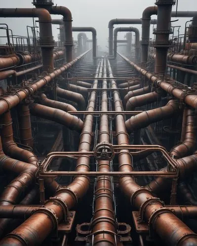 Industrial pipeline, metal material, rusted texture, complex structure, 3D rendering, dramatic lighting, atmospheric fog, misty background, high-angle shot, symmetrical composition, futuristic vibe, m