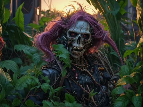 Terrorpunk,undead warlock,day of the dead frame,fantasy portrait,dusk background,voodoo woman,day of the dead skeleton,hag,violet head elf,days of the dead,skull statue,day of the dead,digital paintin