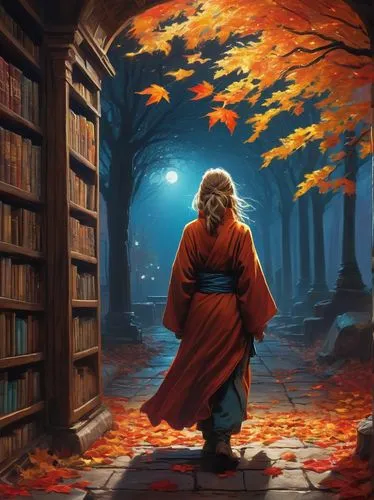 monk,orange robes,autumn background,fantasy picture,monks,indian monk,sci fiction illustration,the mystical path,book wallpaper,pilgrimage,autumn theme,buddhist monk,the autumn,librorum,autuori,scholar,dante,light of autumn,librarian,bookseller,Illustration,Realistic Fantasy,Realistic Fantasy 44