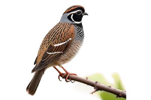 Quail, small bird, brown feathers, white stripes on forehead, black mask on face, round body, short tail, perched on branch, morning dew, soft sunlight filtering through leaves, shallow depth of field