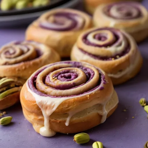 Throw the pistachios in the trash,several baked goods arranged next to each other on a table,cinnamon rolls,kanelbullar,easter pastries,palmier,roll cake,currant buns