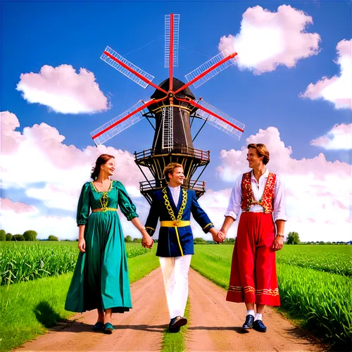 Windmill, Netherlands, scenic view, vibrant colors, blue sky, white clouds, green grass, wooden shoes, traditional clothing, happy couple, holding hands, romantic atmosphere, soft focus, warm lighting