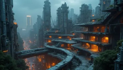 fantasy city,ancient city,theed,kinkade,shanghai,fantasy landscape,apartment block,asian architecture,fantasy picture,3d fantasy,apartment blocks,medieval town,apartment complex,destroyed city,chongqing,futuristic landscape,waterdeep,castlevania,citadels,kowloon city,Photography,General,Realistic