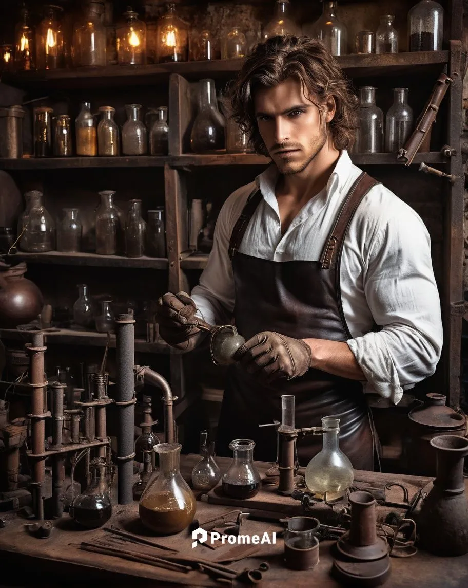 Alchemist, muscular man, bare chest, detailed abs, mysterious eyes, messy brown hair, leather apron, worn gloves, dimly lit laboratory, wooden shelves, various strange instruments, beakers, test tubes