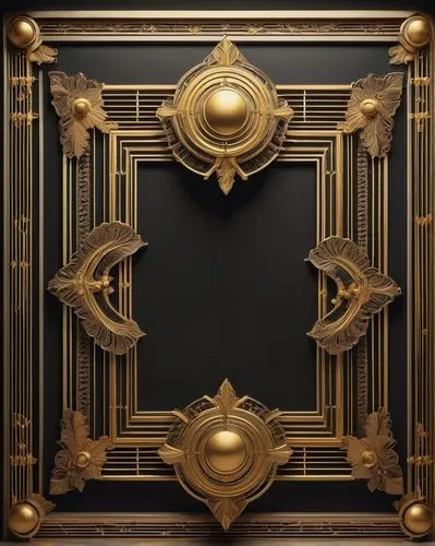 Art Deco, luxurious, vintage, ornate, golden frame, geometric patterns, symmetrical composition, high contrast, rich texture, metallic sheen, glamorous, opulent, lavish details, intricate design, elab