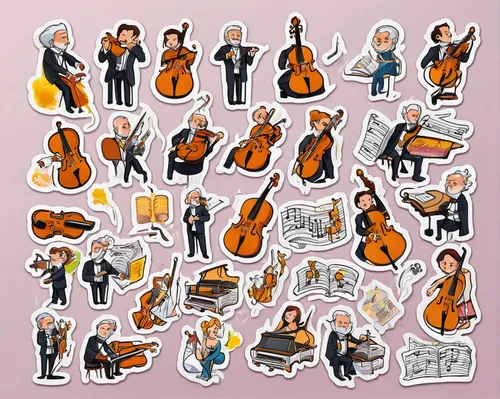 Transport yourself to a magical concert by the Berlin Philharmonic Orchestra.,orchestra,string instruments,clipart sticker,plucked string instruments,musicians,symphony orchestra,orchesta,violinists,s