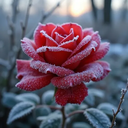 a red rose that is covered in frost,frosted rose,winter rose,frozen morning dew,morning frost,the first frost,frosted rose hips