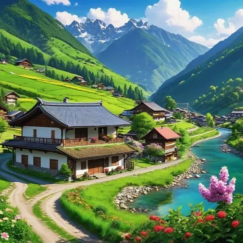 alpine village,japanese alps,mountain village,landscape background,house in mountains,japan landscape,alpine landscape,home landscape,butka,beautiful landscape,house in the mountains,beautiful japan,alpine pastures,yamada's rice fields,countryside,idyllic,mountain landscape,mountain scene,mountainous landscape,mountain valley,Photography,General,Realistic