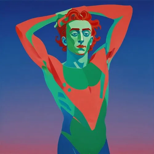 Digitally rendered male character with green skin, red hair, and shirtless against a blue gradient background.,a painting of a man's head in blue and green,cocteau,arca,neon body painting,fauvism,kipp