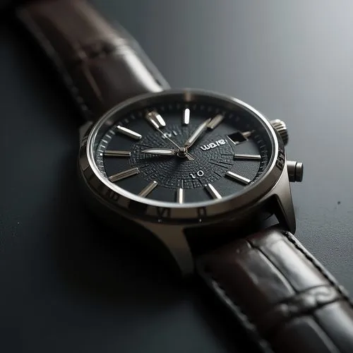 A highly detailed, ultra-detailed close-up shot of a luxury wristwatch, placed on a matte black surface, with a minimal solid white background. The focus is on the watch's intricate details, including