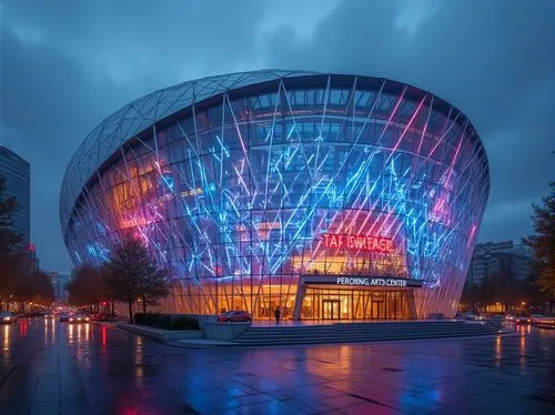 Vibrant performing arts center, curved glass facade, dynamic LED lighting, undulating steel structures, transparent roof canopies, modern minimalist architecture, bold angular lines, reflective surfac