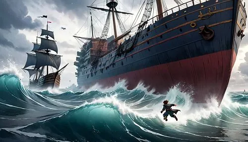 caravel,titantic,sea fantasy,shipwreck,commandeer,maelstrom,Anime,Anime,Cartoon