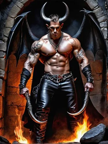 Dark fantasy, Nephilim's servant, male, muscular build, horns, red eyes, black wings, pierced ears, tattoos on arms, black leather pants, heavy boots, silver chains, kneeling, dark cave, torches, ston