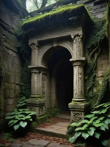 Ancient, ruined, mystical, abandoned, adepts' temple, intricate stone carvings, mysterious symbols, vines crawling up walls, crumbling pillars, ornate doorways, treasure-filled interior, dimly lit, wa