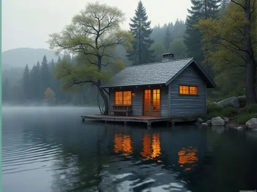 Boathouse, gray exterior, wooden structure, rustic design, waterfront, lake view, surrounded by trees, calm atmosphere, warm lighting, soft focus, 3/4 composition, horizontal format, peaceful ambiance