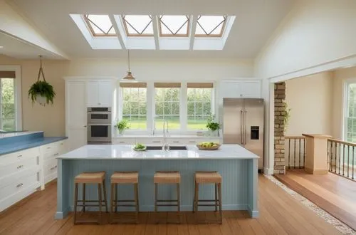 Classic white kitchen, White roof.
Marble sill. 4 barstools, 4 pendant lump above the sill.,a view of a kitchen with white cabinets and blue counter tops,kitchen design,kitchen interior,modern kitchen