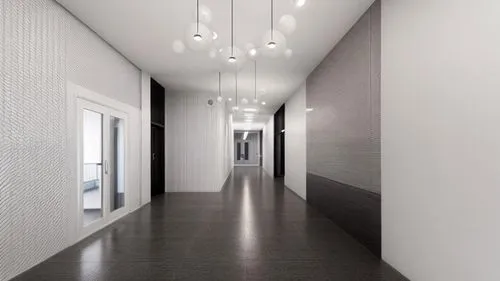 minimalist, modern, bright lobby, photorealistic,hallway space,hallway,wall plaster,ceramic floor tile,concrete ceiling,contemporary decor,tile flooring,daylighting,wall completion,wall lamp,structura