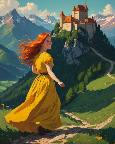 rapunzel,world digital painting,little girl in wind,sound of music,merida,girl in a long dress,castles,a fairy tale,transylvania,fantasy picture,neuschwanstein,gold castle,knight's castle,fairy tale,the spirit of the mountains,high alps,idyll,travel poster,castle,cg artwork,Conceptual Art,Fantasy,Fantasy 32