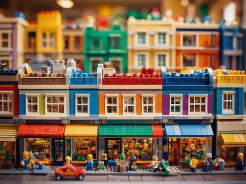 Colorful Lego bricks, architecture sets, discount signs, sale banners, mini shopping cart, toy store shelves, bright lighting, blurred background, 3/4 composition, shallow depth of field, vibrant colo