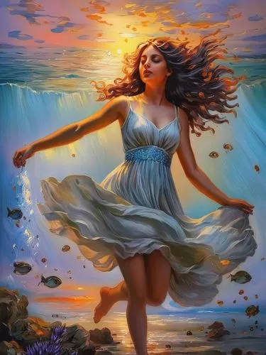 the wind from the sea,the sea maid,mermaid background,gracefulness,sea breeze,fantasy picture,sea water splash,oil painting on canvas,water nymph,underwater background,wind wave,little girl in wind,wo