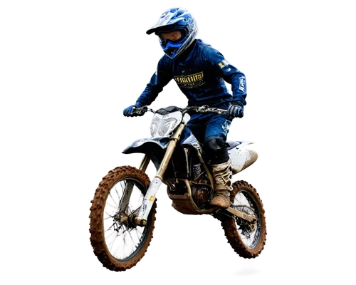 Motocross dirt bike, dynamic jumping pose, male rider, helmet, goggles, racing suit, knee pads, boots, mud splatter, rugged terrain, cloudy sky, low-angle shot, dramatic lighting, high-speed motion bl