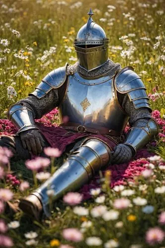 A medieval knight, in splendid armor, lying on a flowery meadow,knight armor,field of flowers,armour,blooming field,knight tent,aaa,knight festival,flowers field,tudor,medieval,knight,flower field,joa