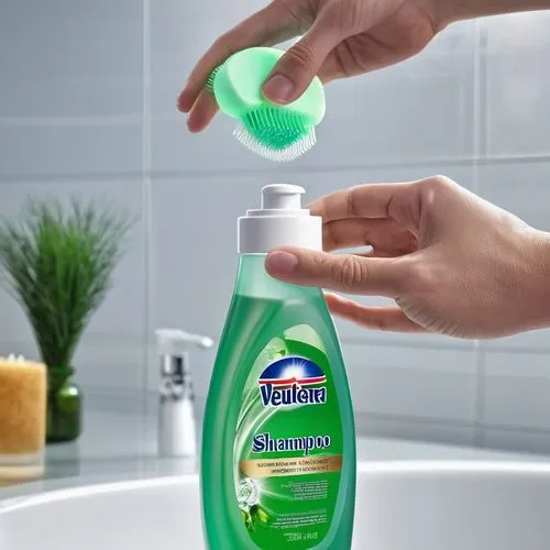 يد تلتقط زجاجة شامبو فؤش وتفتحه,a person holds a hand soap on a bathroom sink while another person cleans the sink with a sponge,palmolive,mouthwash,lambruschini,liquid soap,sanitizer,mouthwashes,sani