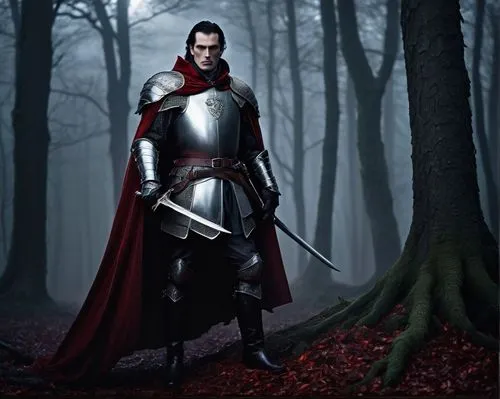 Dark fantasy, male, Dracula Untold, medieval knight armor, intricate details, silver trim, crimson cape, chainmail, leather boots, gauntlets, broadsword, shield with coat of arms, standing heroically,