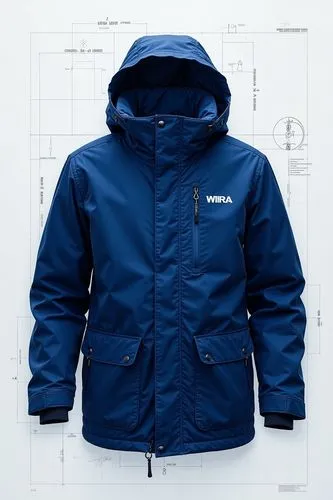 a blue winter coat sitting on top of a white wall,berghaus,north face,weatherproof,subpeak,polartec,windproof,Unique,Design,Blueprint