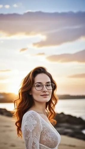 a woman standing on the beach wearing glasses,niffenegger,beach background,celtic woman,social,tamanna,seoige