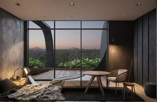 BLACK THEME, BLACK RUSTIC INTERIOR ,ULTRA 32K REALISTIC,a bedroom scene with the window open and a wooden floor,modern room,bedroom window,sky apartment,sleeping room,great room,bedroom,Photography,Ge