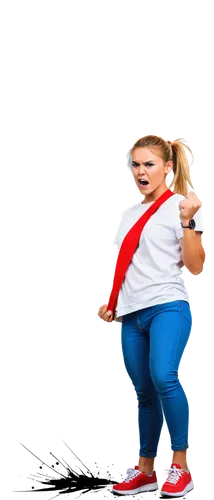 Angry girl, yelling, speech bubble, blonde hair, messy ponytail, red face, sweat droplets, white shirt, blue jeans, sneakers, standing, dynamic pose, energetic movement, bold lines, vibrant colors, co