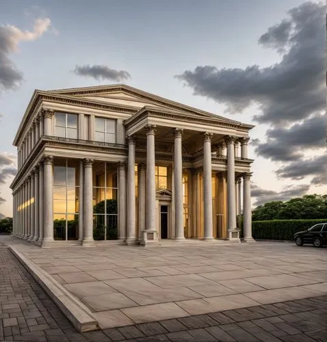 neoclassical facade, evening view effects with lights and curtain, luxury cars, lush vegetation and trees,doric columns,classical architecture,greek temple,us supreme court building,neoclassical,egypt