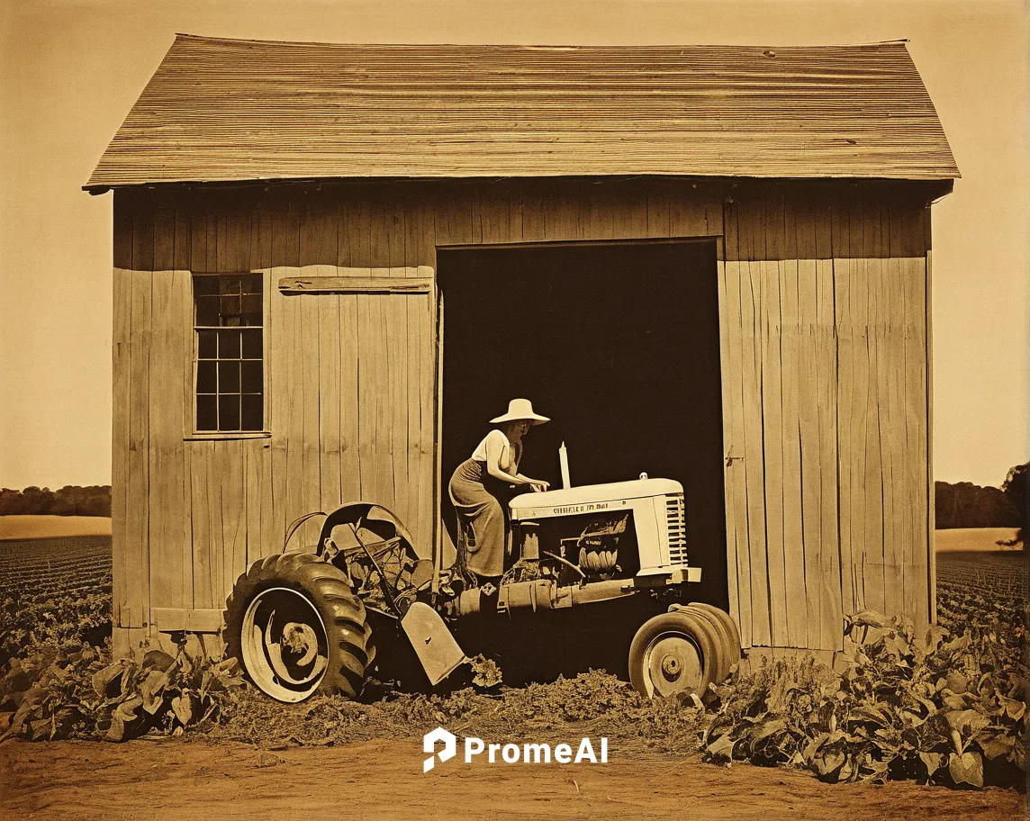 Female Organic Farmer Harvest Building Retro,farmworker,threshing,agricultural machine,farm tractor,aggriculture,farm workers,agriculture,ambrotype,straw cart,old tractor,agricultural use,straw carts,