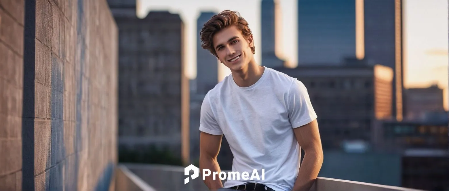 SP Studios, create a character, young adult male, 22yo, tall, lean physique, messy brown hair, bright blue eyes, sharp jawline, dimpled smile, casual attire, white graphic t-shirt, dark blue skinny je