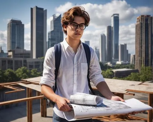 Modern university campus, architecture department, construction education, solo male student, 20yo, messy brown hair, black-framed glasses, white shirt, dark blue jeans, backpack, holding a rolled-up 