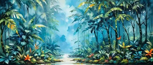 rainforest,rain forest,tropical jungle,forest landscape,kerala,forest background,oil painting on canvas,jungle,forest path,fairy forest,pathway,tropical bloom,forest glade,oil on canvas,forest of dreams,enchanted forest,garden of eden,the forest,forest road,palm forest,Illustration,Paper based,Paper Based 04