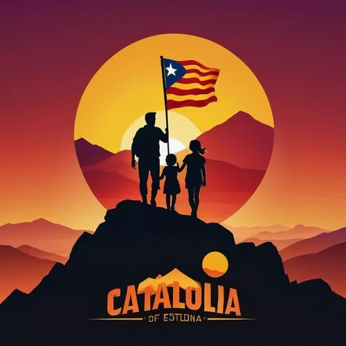 Silueta de padre con 2 hijas en la cima de la montaña con la bandera estelada de Catalunya de fondo, puesta de sol,catalonia,capicola,capital cities,capitolio,cartagena,capulinero,maspalomas,capitanam