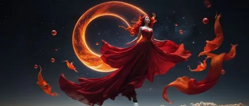 woman in red flowing dress dancing in the sky,Red Fox,fireheart,fire dancer,melisandre,flame spirit,fire heart,ring of fire