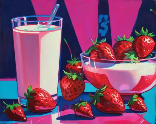 """Strawberries and Milk"" original fine art by Carol Marine",strawberry juice,strawberry,strawberry smoothie,strawberry drink,strawberries,yoghurt production,summer still-life,milkshakes,milkshake,vi