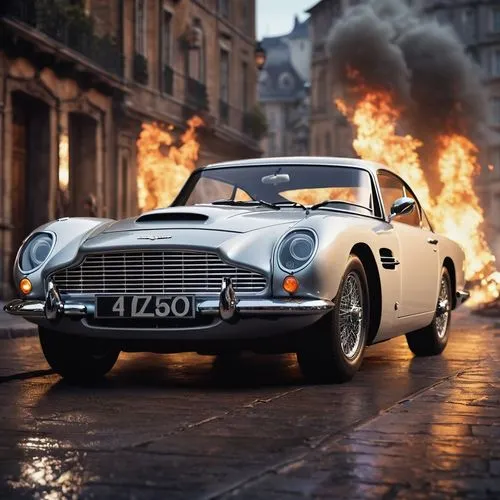 A cinematic 3D render captures the elegance of a 34-year-old renowned actor, Roger Moore with his famous James Bond  silver-grey Aston Martin DB-5 and 24 years old georgeous Britsh acretss Diana Rigg,