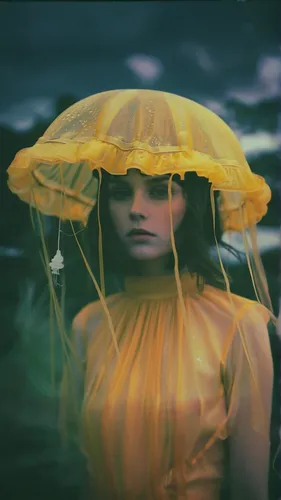 moody photography, jellyfish hat, dreamy dress,monsoon banner,raincoat,monsoon,golden rain,umbrella,photo manipulation,rain protection,photomanipulation,rain suit,parasol,veil,asian umbrella,protectio