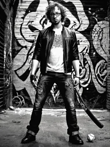 Sam Hyde, male, 30s, messy brown hair, strong facial features, intense gaze, black leather jacket, white T-shirt, ripped jeans, combat boots, holding a baseball bat, standing in a defensive stance, ci